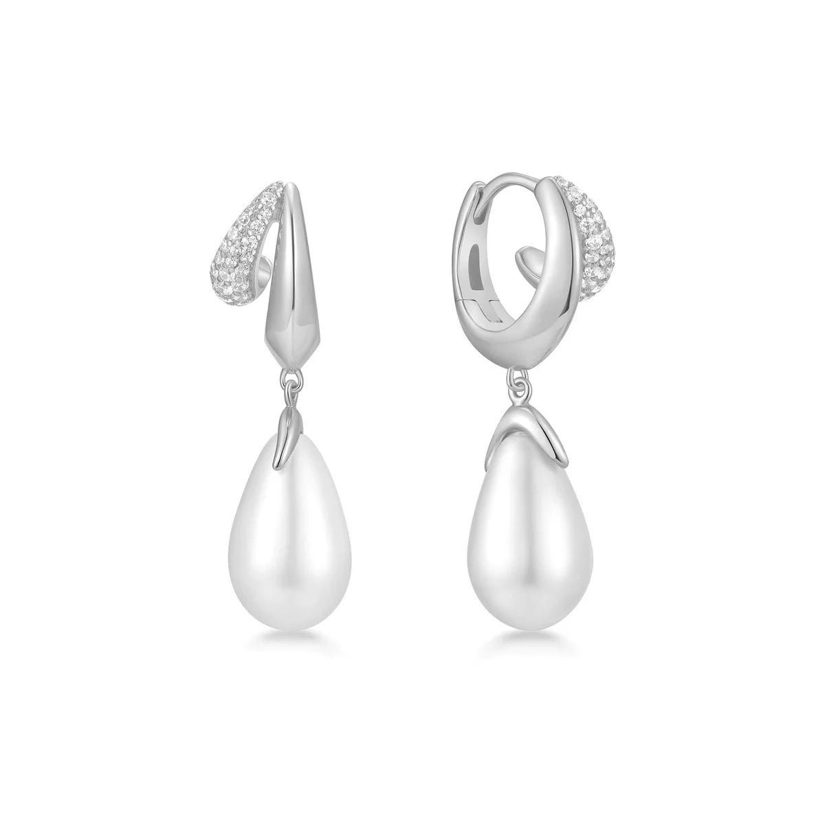 Reimaginer - Silver Sparkling Duet Mixed Shell Pearl Drop Huggie Hoop Earrings